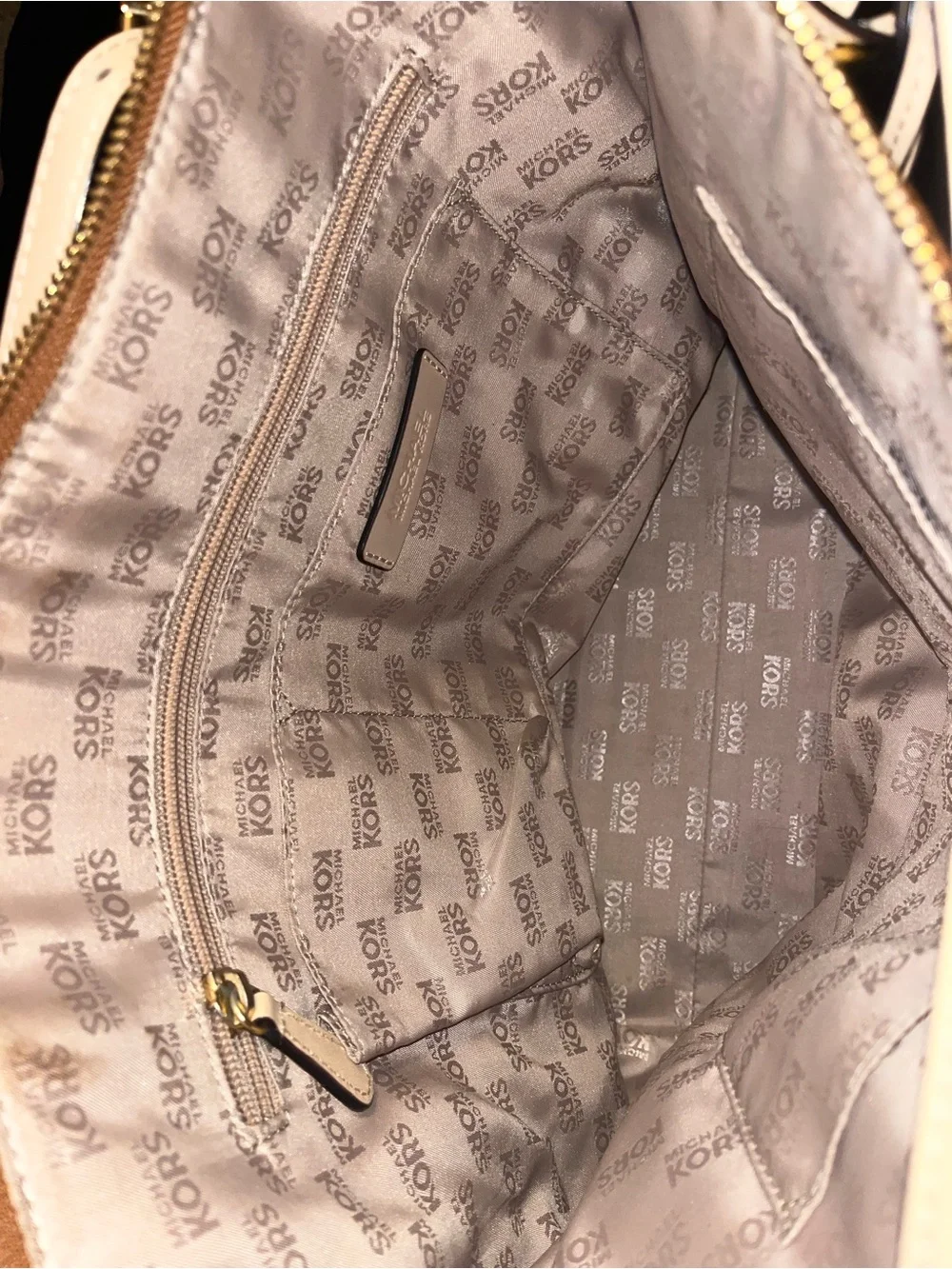 Michael Kors Brown Leather Shoulder Bag with Cream Trim and Gold MK Charm